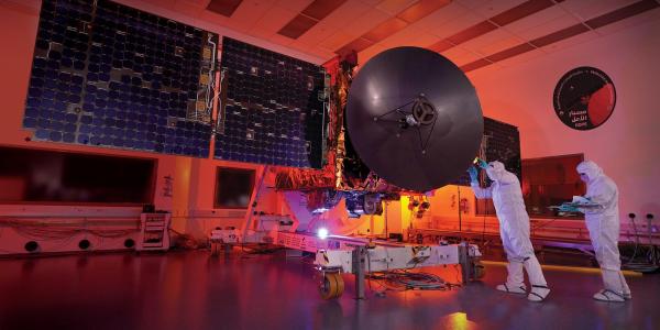 Engineers at CU Boulder’s Laboratory for Atmospheric and Space Physics (LASP) perform last-minute inspections of the Hope Probe spacecraft before its shipment to Dubai and the Tanegashima launch site in Japan.