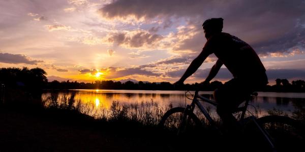 Bicyclist on path at sunset