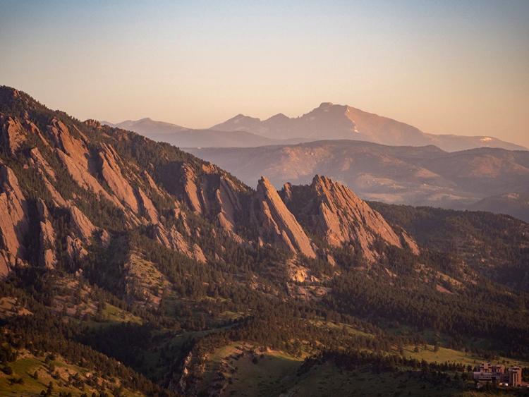 Aerial of the Flatirons and the Rocky Mountains