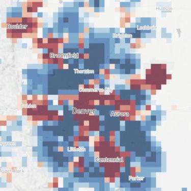 A mobility map of Colorado's Front Range showing areas where there are fewer people than normal like Denver, Boulder and Centennial in red, and areas where there are more people than normal like many suburban areas in blue