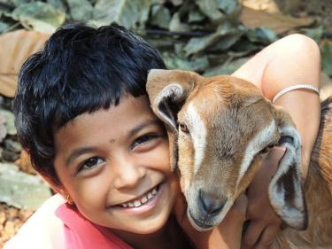 Child hugging goat