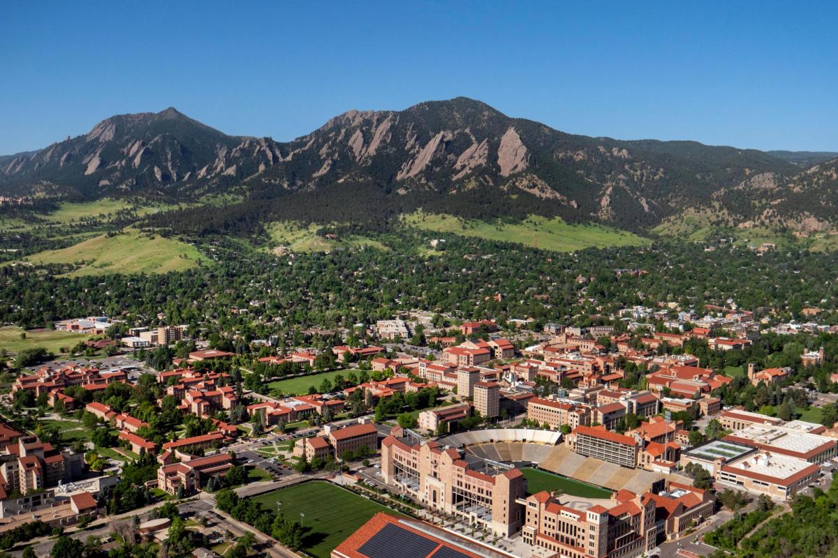 Ariel picture of CU Boulder with mountains in the background