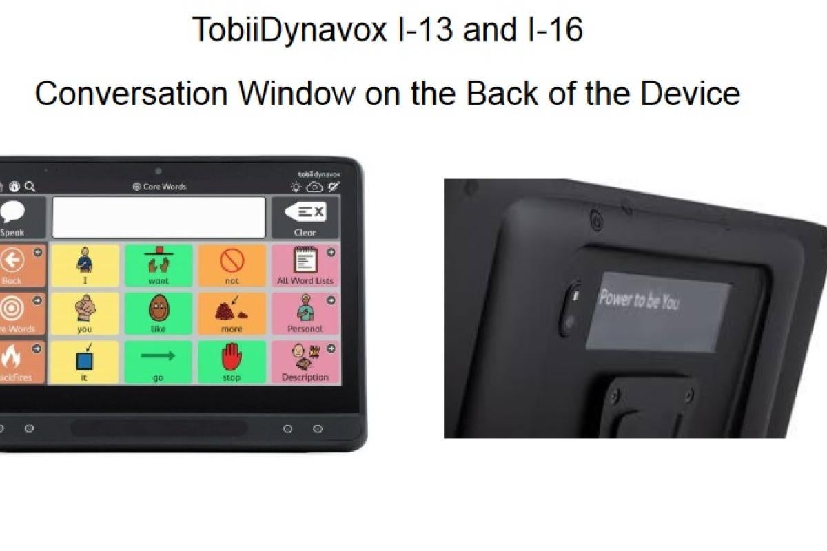 Photos of the front and back of the TobiiDynavox I-16 with TD Snap Core First vocabulary AAC system.