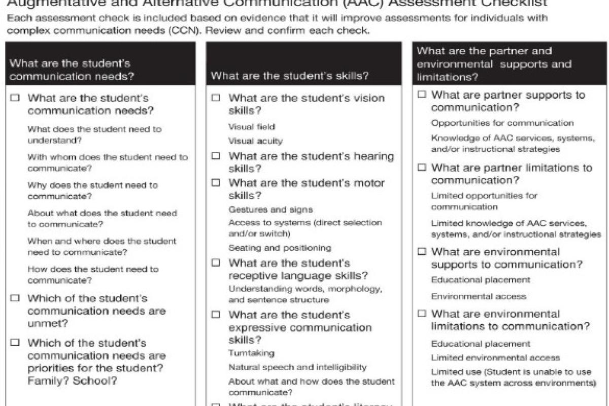 A screenshot of the AAC Assessment checklist, which has three columns of text and is downloadable pdf document.