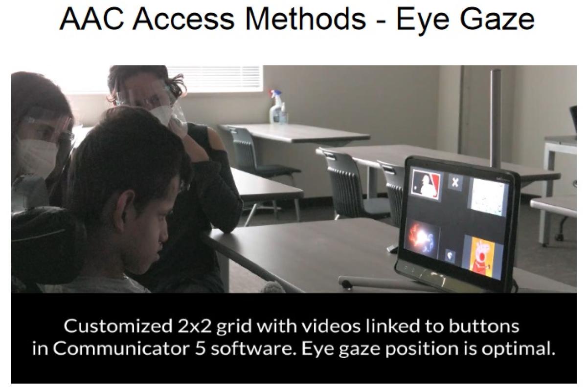 An adolescent in a wheelchair who cannot use his hands to access an AAC device, is using his eyes to activate short video segments from a 2x2 array on the screen, as two graduate student clinicians assess his ability to access this device.