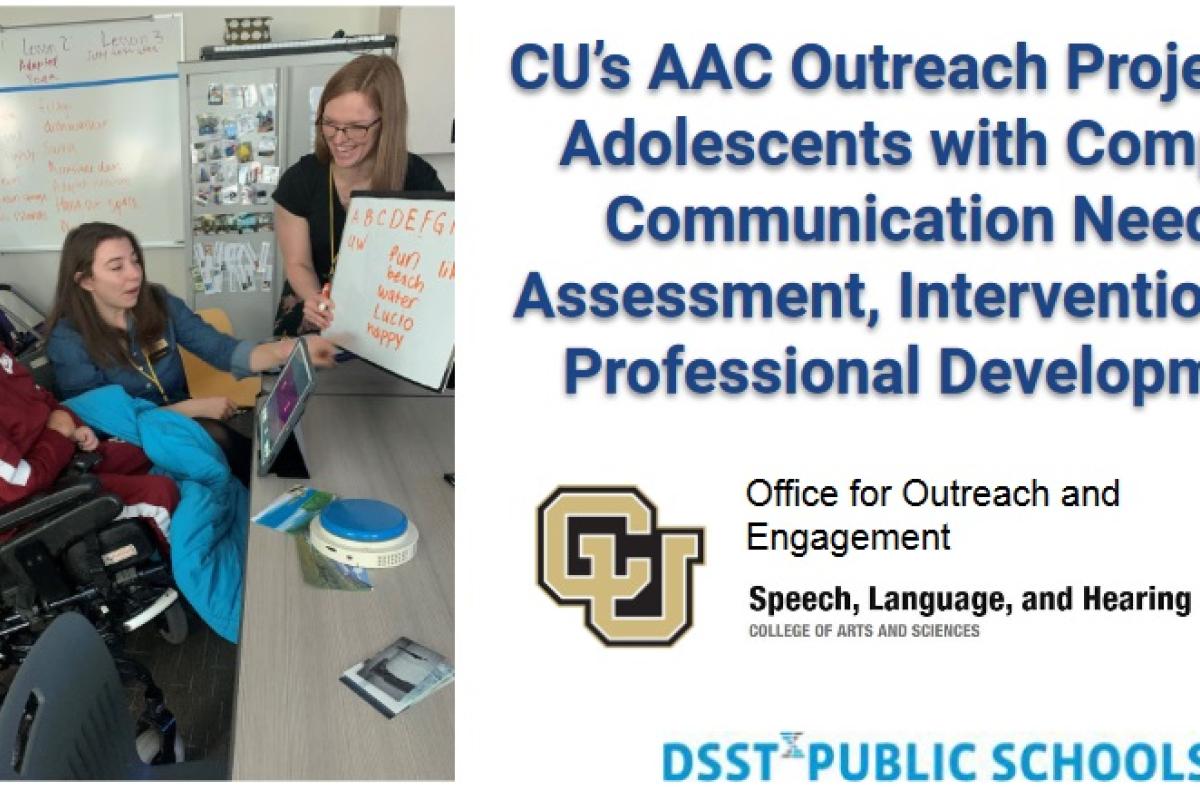 Two graduate student clinicians helping an adolescent with self-selected writing in a screenshot of the title page of the slides that coincide with the AAC assessment video.