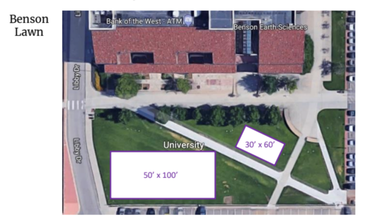 Location of the large and small tents on Benson Lawn. Large tent is off Libby Dr. to the right of the Benson Earth Sciences Building and the small tent is on the left of the large tent, in front of the Benson Earth Sciences Building.
