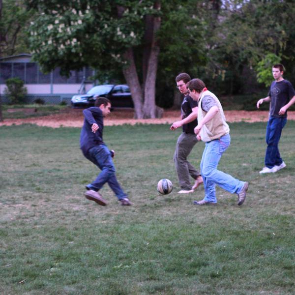 playing hard during a group soccer match in fall 2012