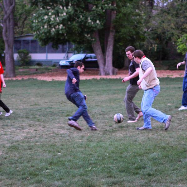 playing hard during a group soccer match in fall 2012