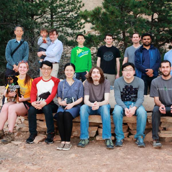 a group photo at the "chairs" in a Chautauqua park, spring 2016