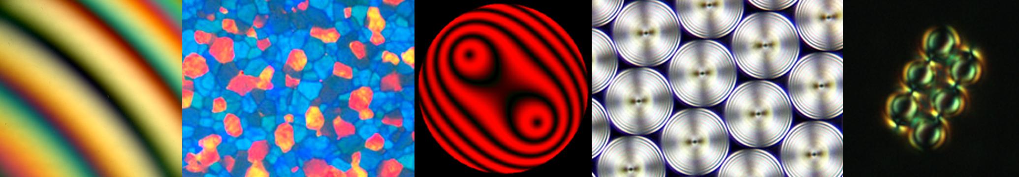 Optical interference pattern, a texture of a blue phase in cholesteric and toroidal focal domains in smectic thin film