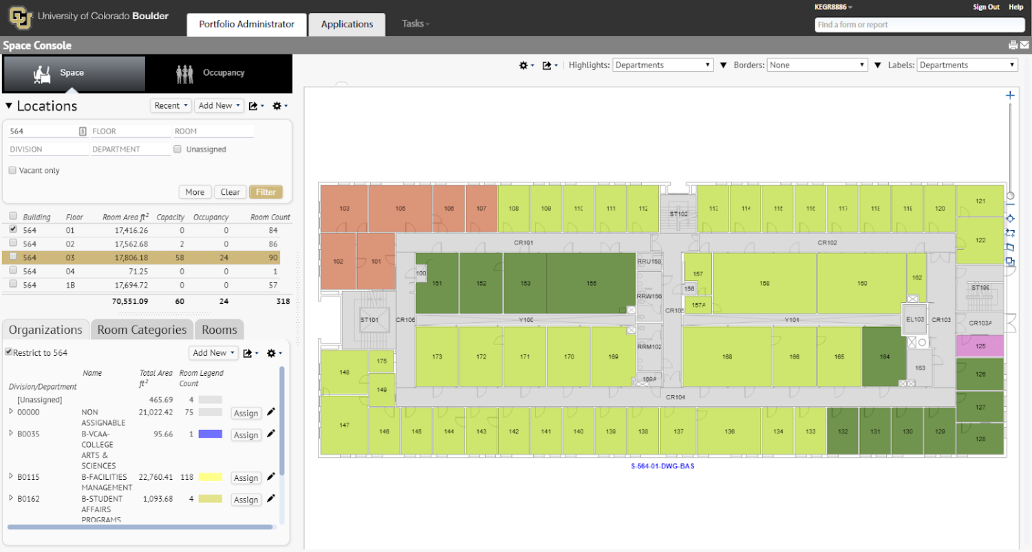 example of floorplan space report with shading of rooms for allocation