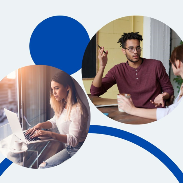 Stock image of people talking to one another as well on a computer call