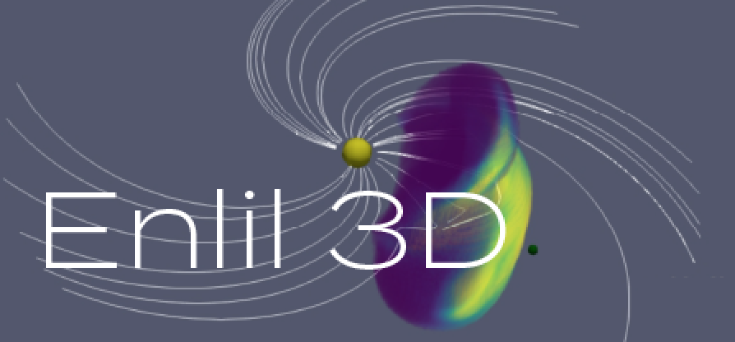 "Enlil 3D" text over solar wind visualization