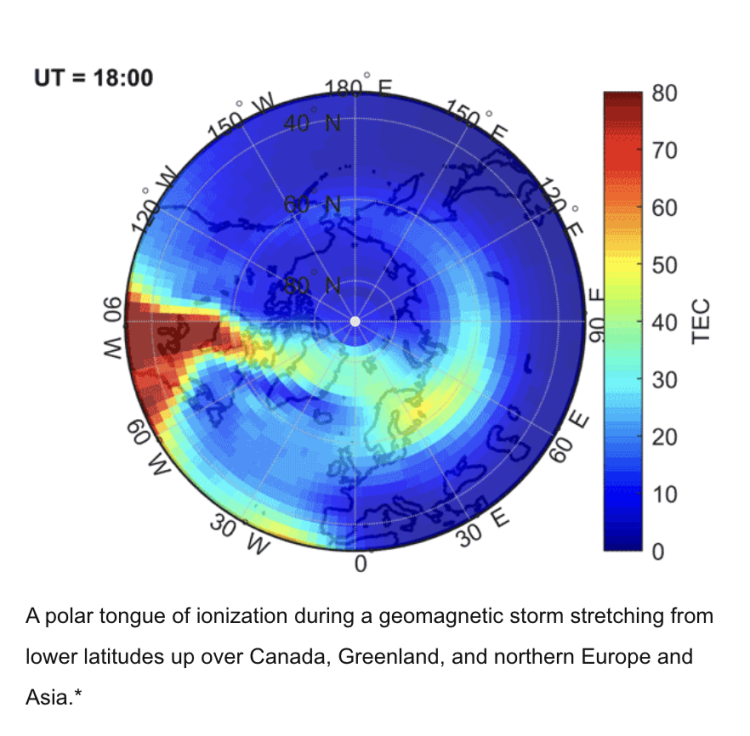 A polar tongue of ionization during a geomagnetic storm stretching from lower latitudes up over Canada, Greenland, and northern Europe and Asia.*