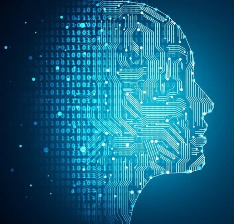 Digitized profile of human with binary code and electrical board