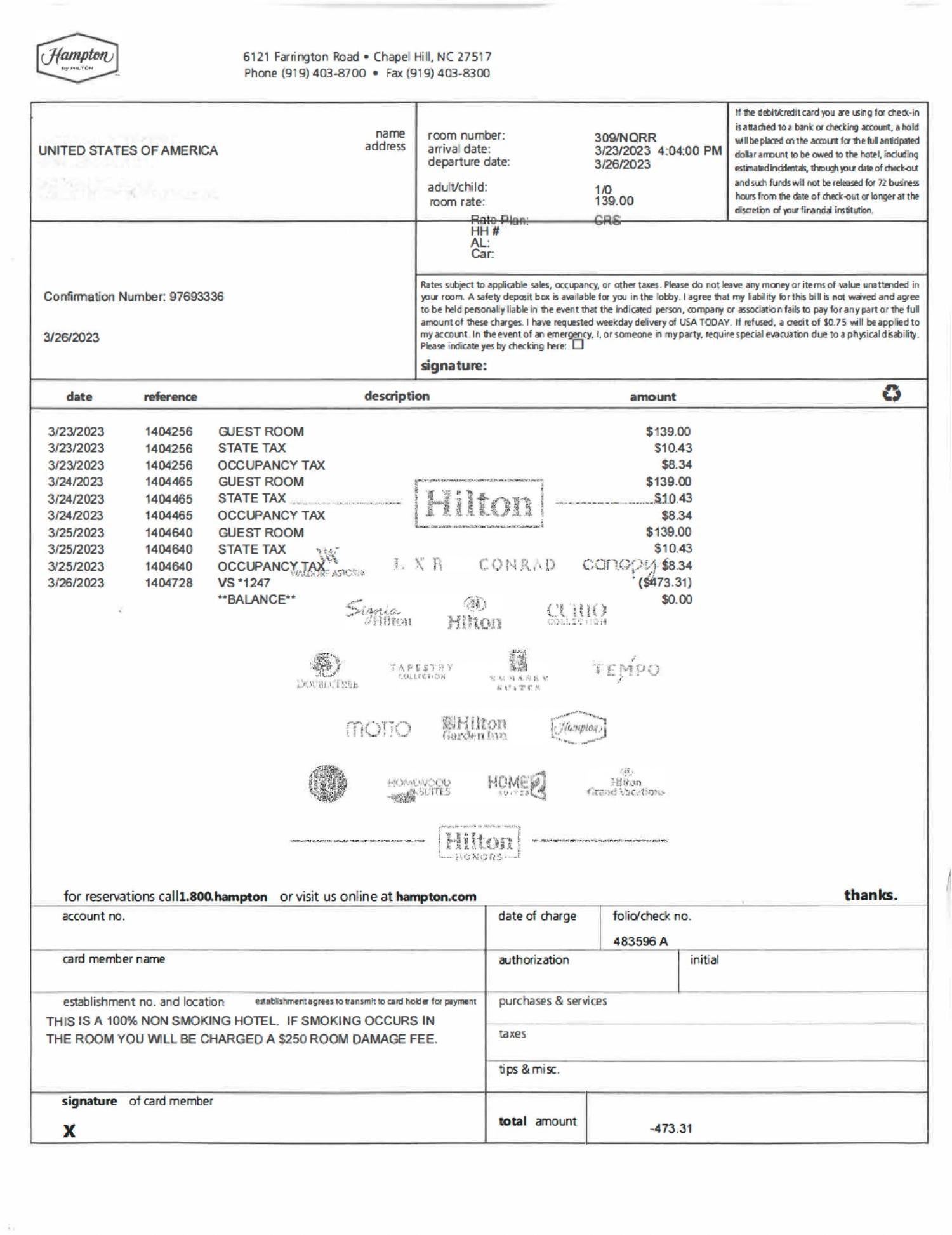 Example of Hotel Itemized Receipt