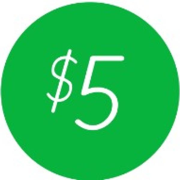 Green circle with 5 dollars written