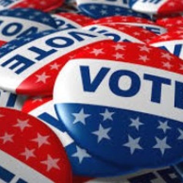 Many Red, White and Blue Vote small circular buttons