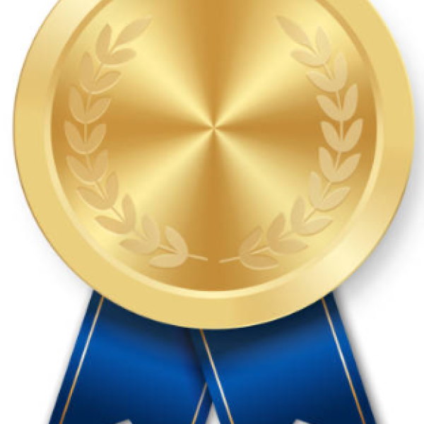 Gold award with blue ribbons