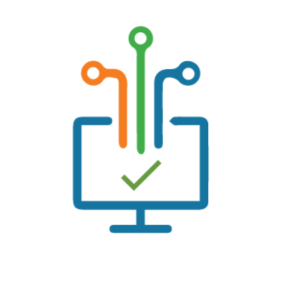 Clipart of three lines leading to a checkmark on a computer screen