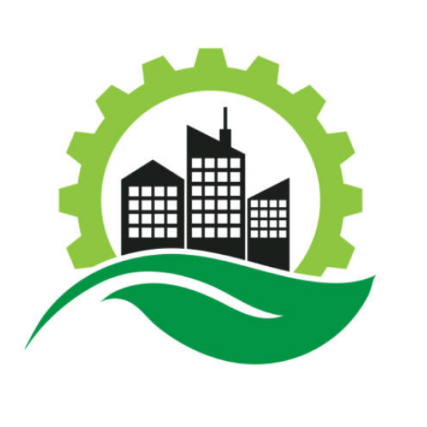 Clipart of a leaf, three buildings, and a gear