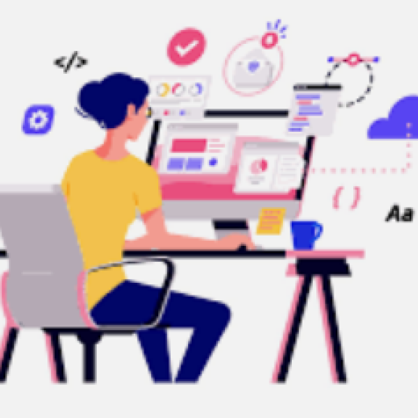 Clipart of woman on computer surrounded by icons
