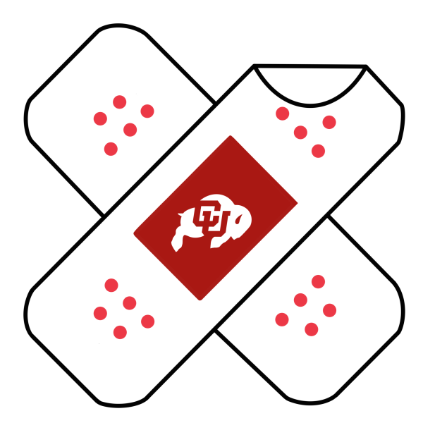 Two white band aides with the CU Athletics logo over top