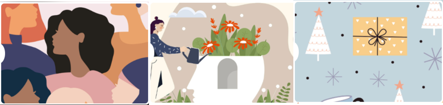 Group of Colorful Women, woman gardening and holiday trees and presents