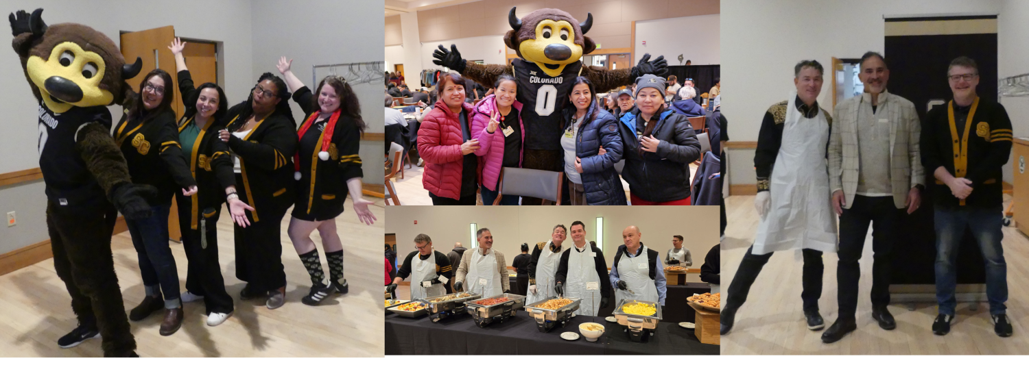 Group of various people serving breakfast at CU Boulder with Chip, CU Boulder Mascot