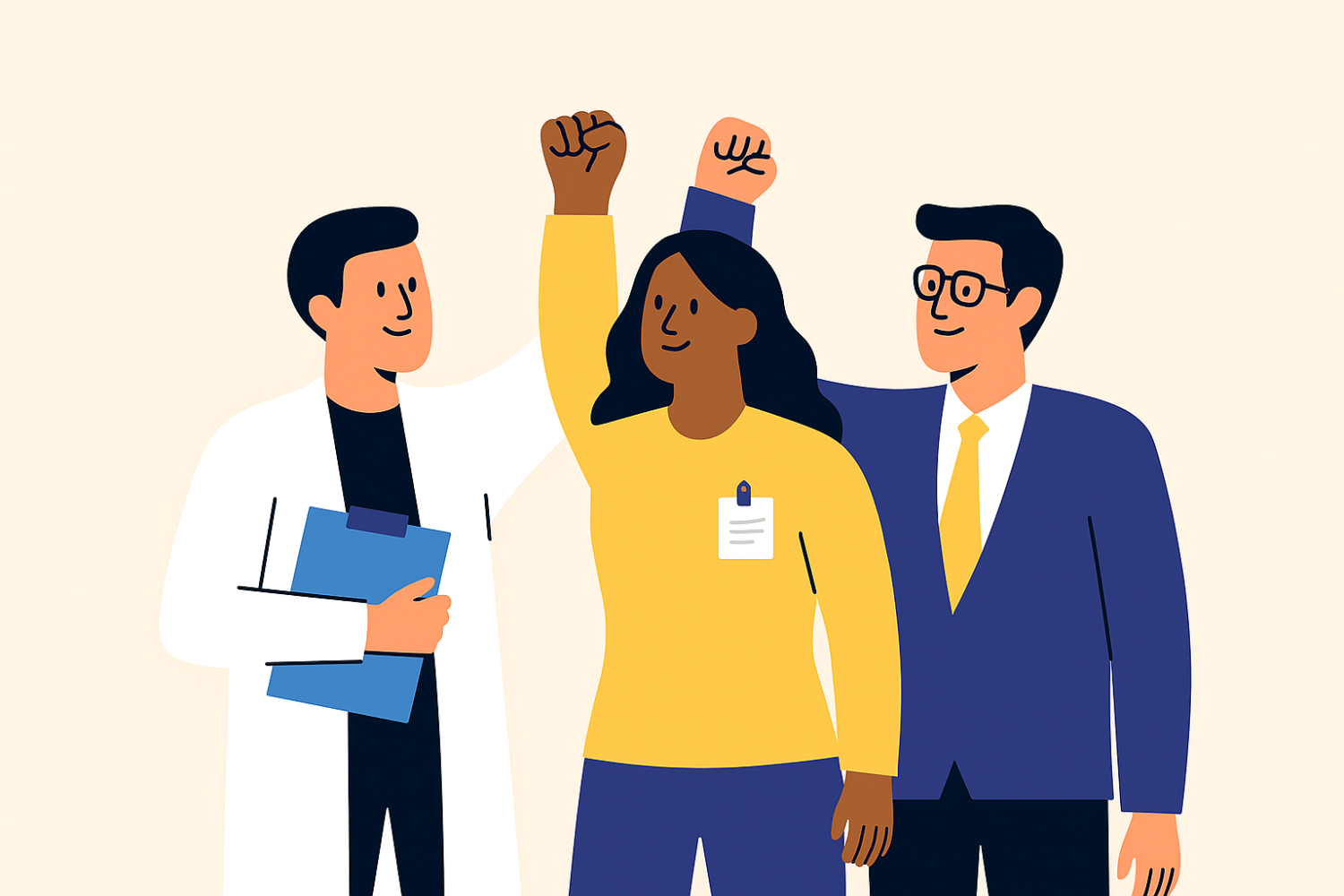 Three faculty members standing together with 1 fist up each. One is in a labcoat, other in yellow shirt, and other in suit and tie.