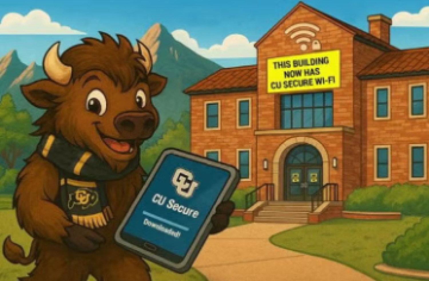 Chip holding tablet infront of CU Bldg