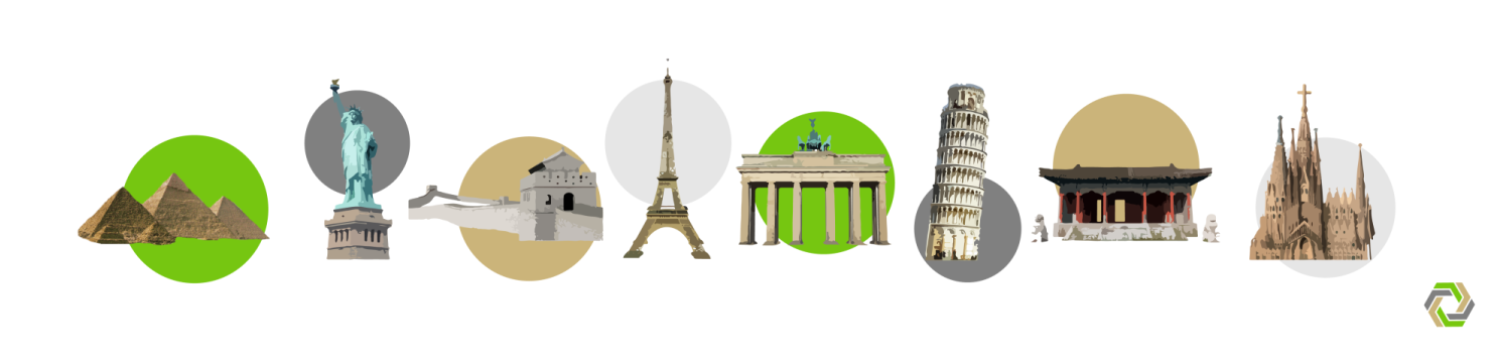 Artistic silhouettes of landmark buildings around the world