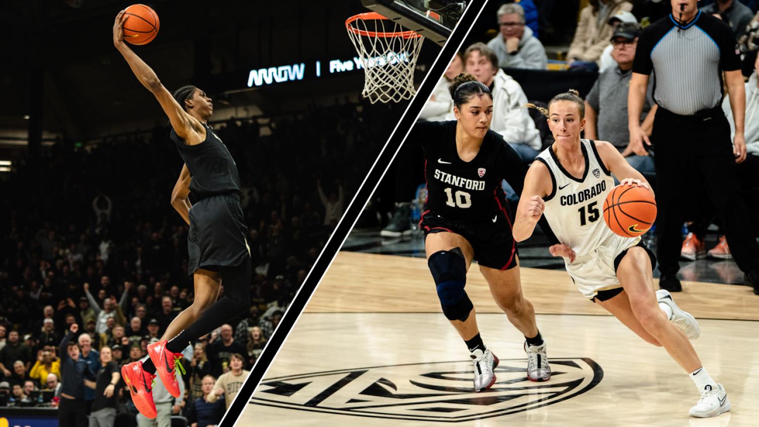 Split image with Men's and Women's Basketball - action shots
