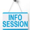 White hanging sign with blue text reading "info session"