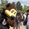 CU mascot Chip striking a silly pose with a young fan