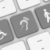 Keyboard with keys for wheelchair, assisted listening device, blind person icon