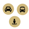 Icons of a car, bus and person with a circle around them