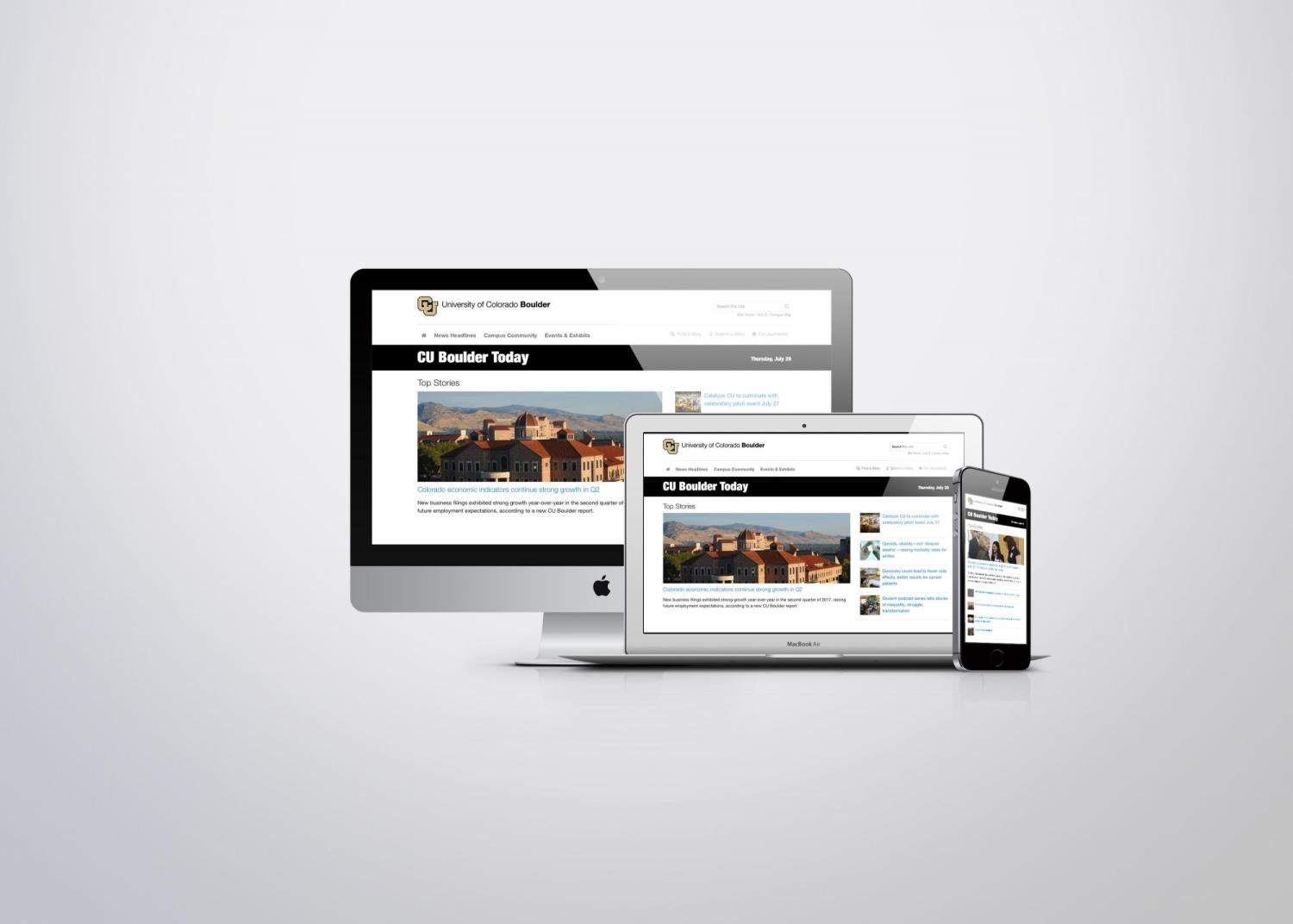 CU Boulder Today displayed on a laptop, phone and desktop