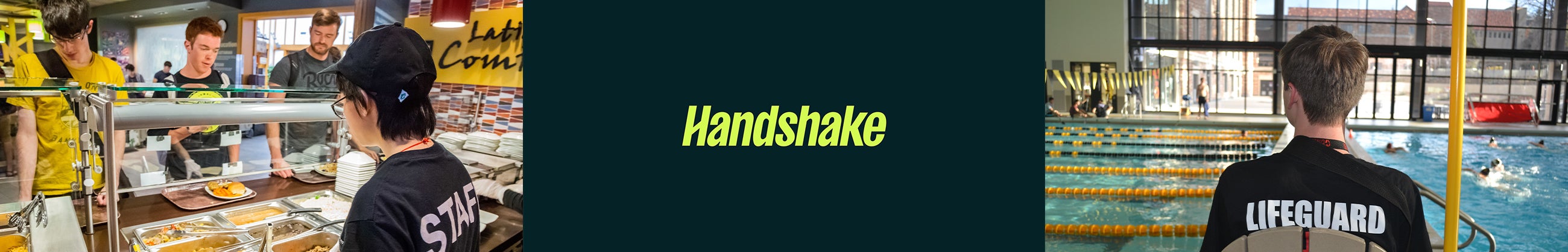 Handshake logo and students at work photos