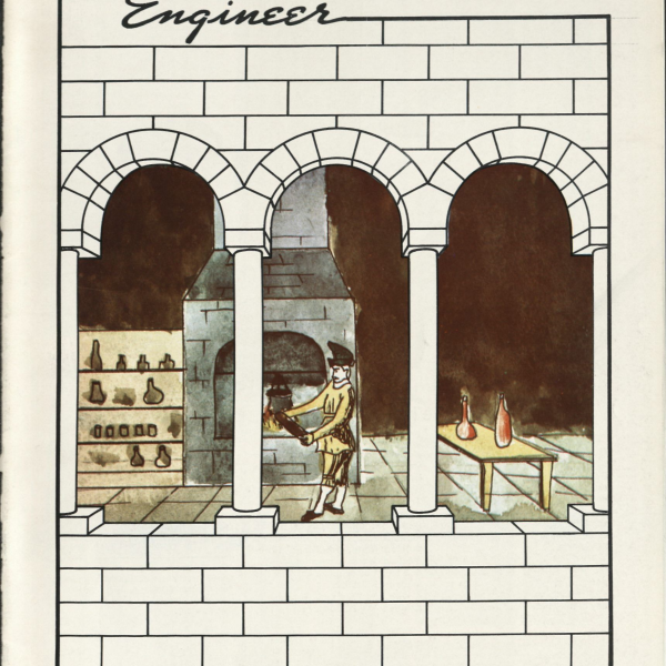 A cartoon drawing of a man working an oven through the windows of a brick wall make up the cover with the text "the colorado engineer" in the top left of the image