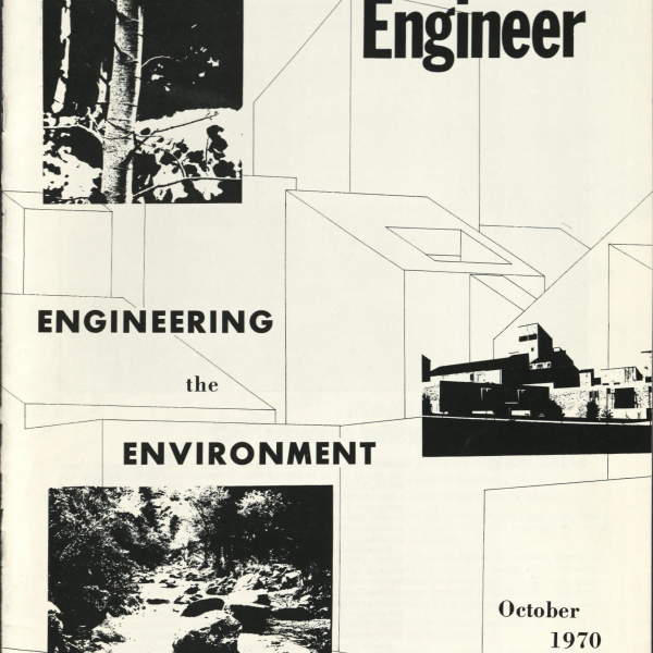 Black and white photos of nature aswell as the university of colorado boulder engineering center are overlayed ontop of a sketch of the same building with the text "colorado engineer" in the top right corner and "Engineering the environment October 1970" below it