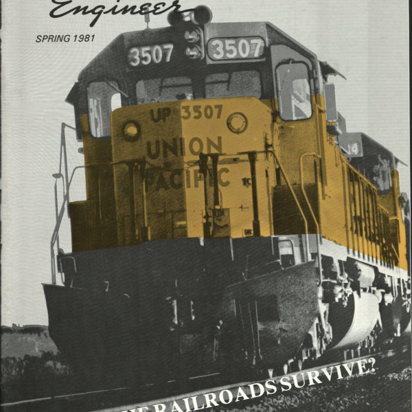 A photo of a black white and yellow union pacifc train with the text "The colorado engineer Spring 1981" in the top left corner and "Can the railroads survive?" across the bottom of the page