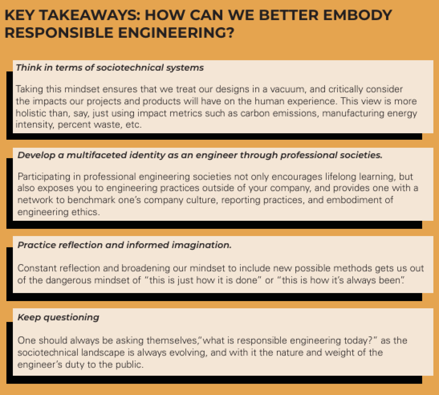 A chart of takeaways regarding responsible engineering