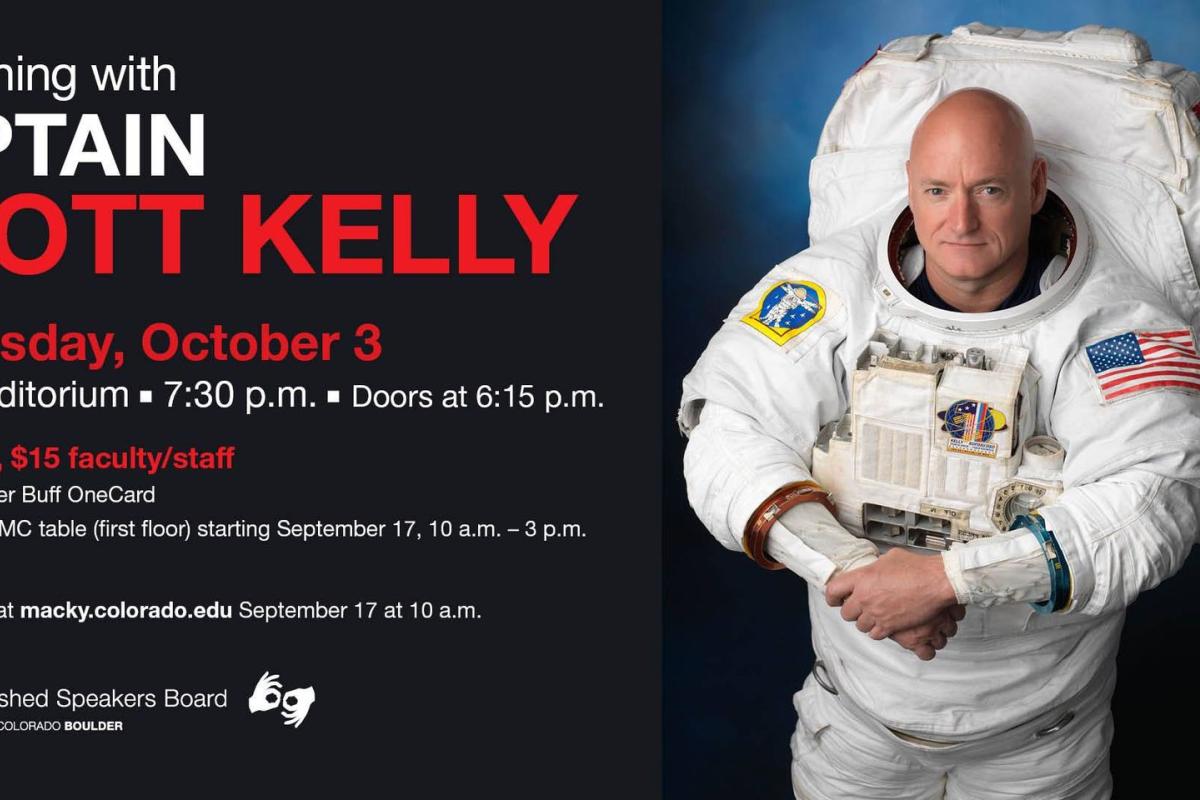 Scott Kelly event poster. With image of speaker and times for the event