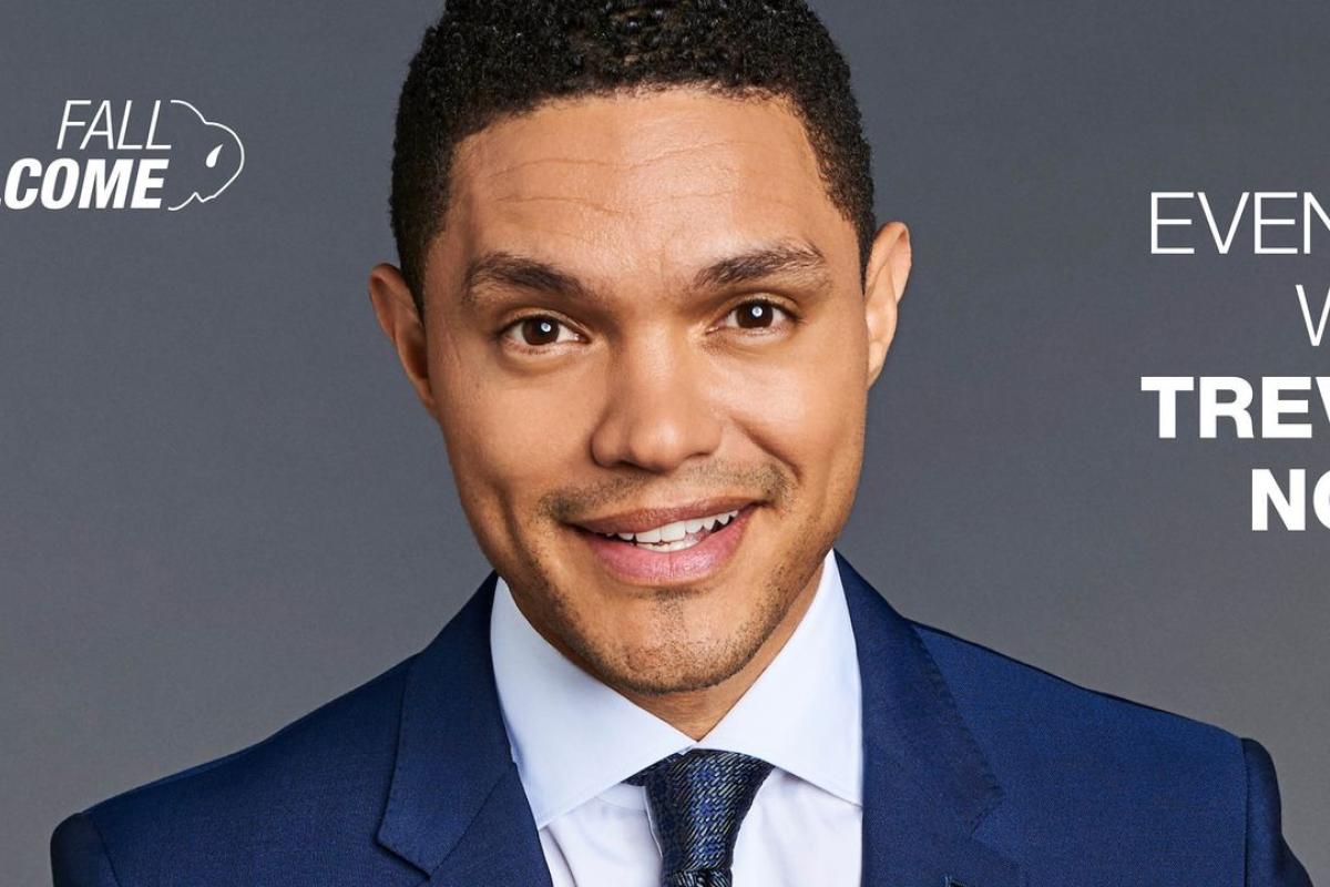 Trevor Noah event poster. With image of speaker and times for the event