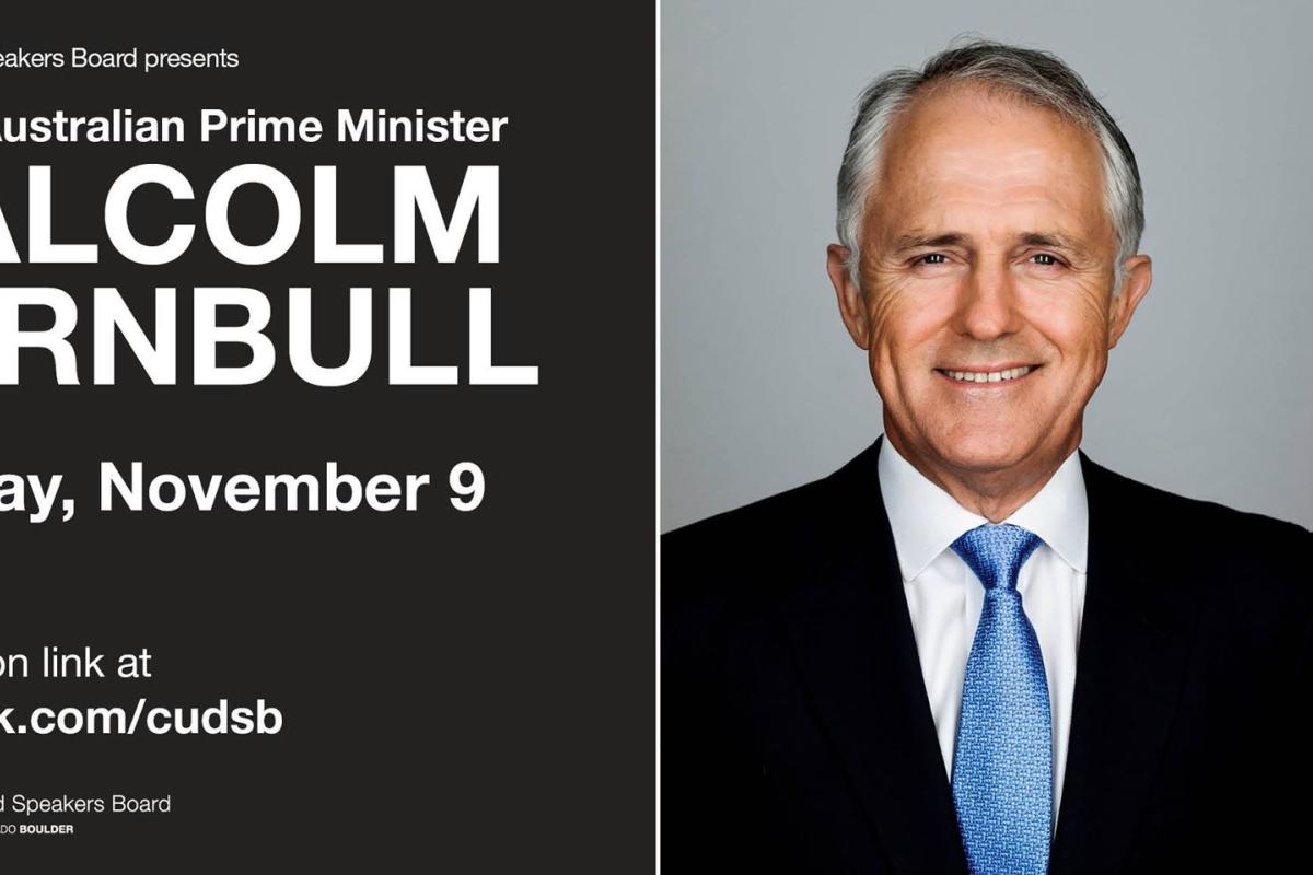 Malcolm Turnbull event poster. With image of speaker and times for the event