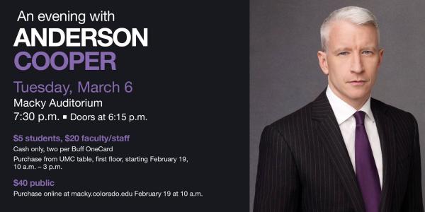 Anderson Cooper event poster. With image of speaker and times for the event