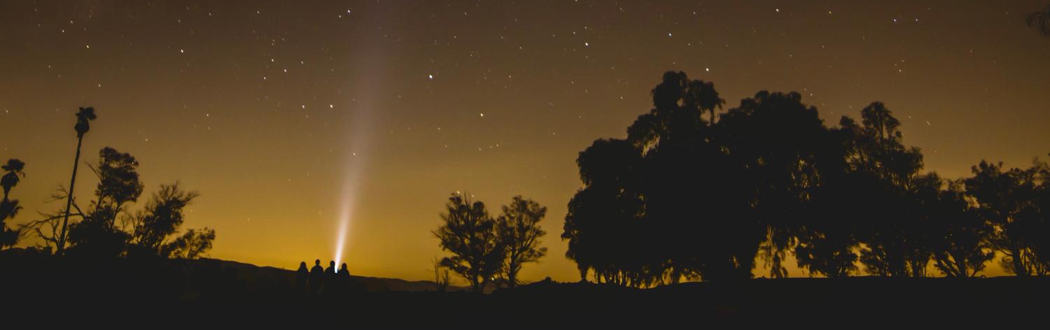 distant silhouette view of people in woods at night with flashlight
