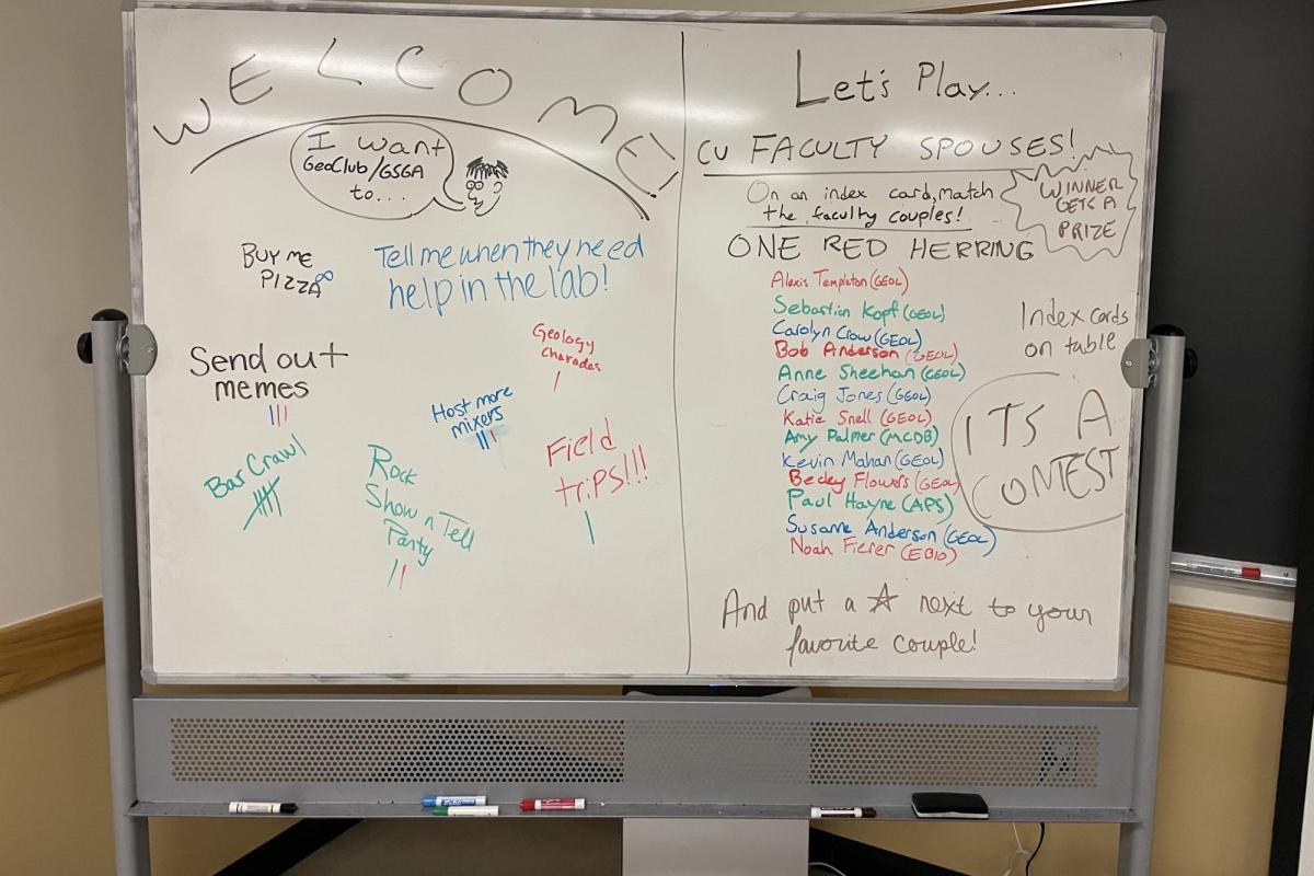 a whiteboard with a game to guess professors who are married and ideas for future events